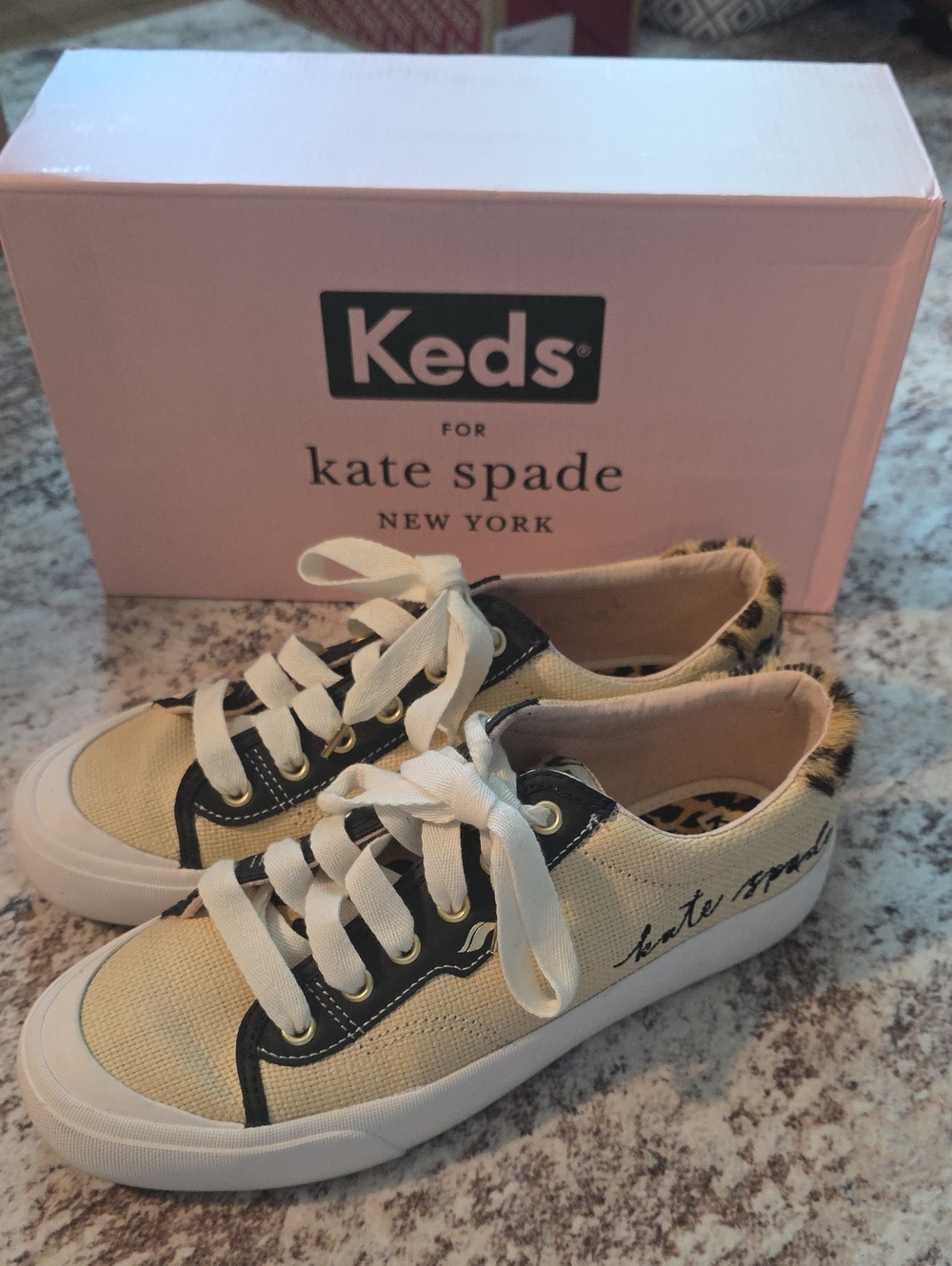 Keds for Kate Spade Womens Tan Canvas Leopard Accent Sneakers Size 9